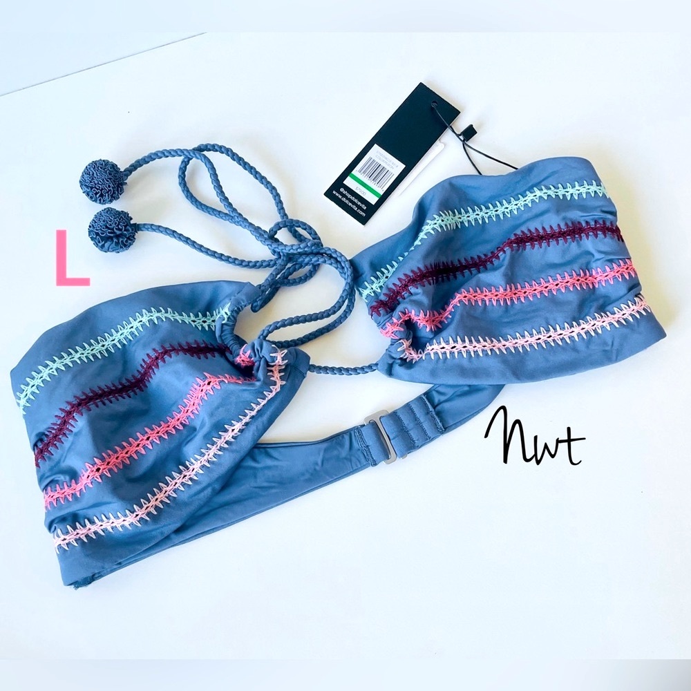 NWT(L)DOLCE VITA periwinkle blue crochet stripe pompon halter bikini bandeau top